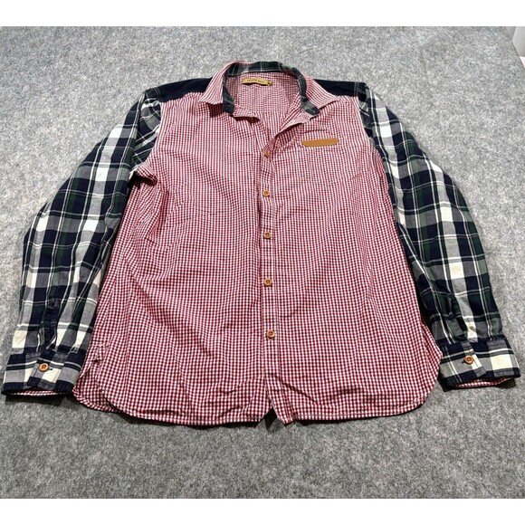 Shirt Womens Button Mixed Media Blouse Top Plaid Patchwork Blue Green Sz XXL - Picture 1 of 11
